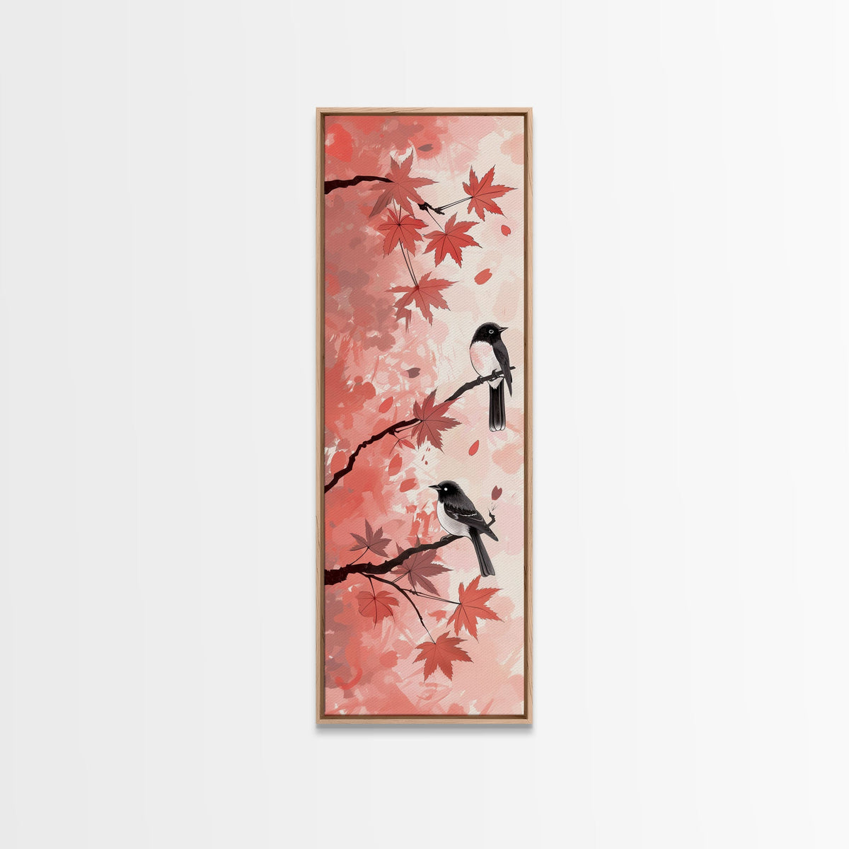 Red and Black Maple Leaves with Birds Perched on Branches Japanese Framed Canvas Print Ukiyo-e Art Skinny Tall Art