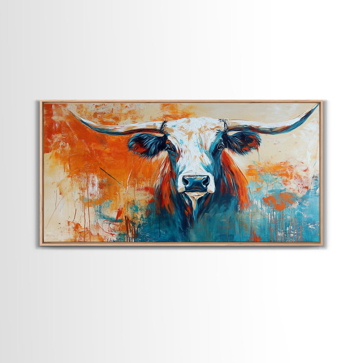 Longhorn Art, Rustic Decor, Farmhouse Art, Vintage Western Art, Southwest Wall Art, Animal Painting, Large Wall Art, Framed Canvas Print