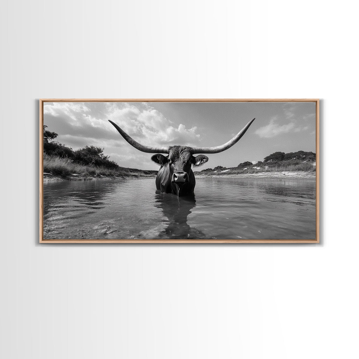 Longhorn in Water, rustic art, western decor, bull and bear art, cowboy wall art, farmhouse art, panoramic art, Framed Canvas Print