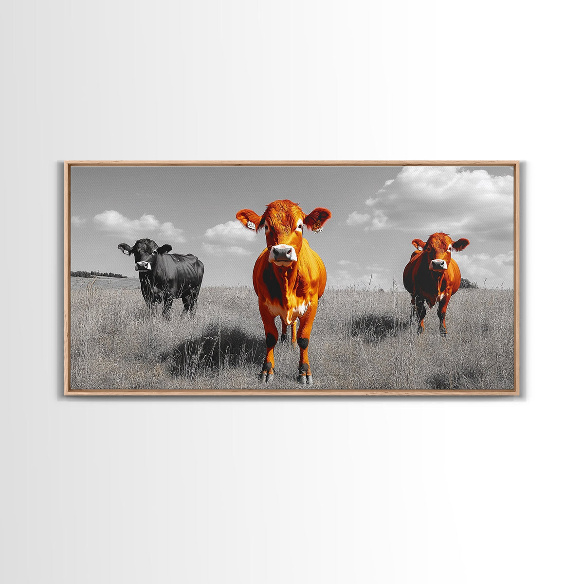 Highland Cows Canvas Print | Rustic Farmhouse Art | Black and White Cattle Painting | Moody Art | Above Sofa Wall Art | Extra Wide Art