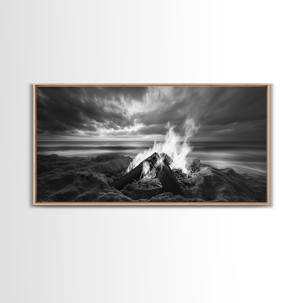 Beach bonfire, moody art, seascape painting, coastal decor, extra wide art, panoramic painting, above bed wall art, framed canvas print | | Wiccan Center