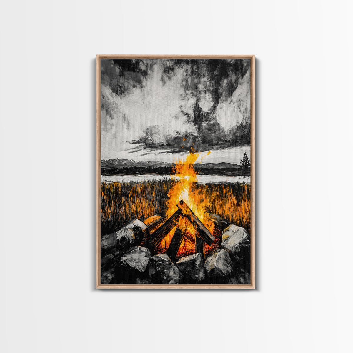 Campfire Painting, Moody Art, Rustic Wall Decor, Fire Pit Artwork, Black White Orange Art, Framed Canvas Print, Cabin Wall Art | | Wiccan Center