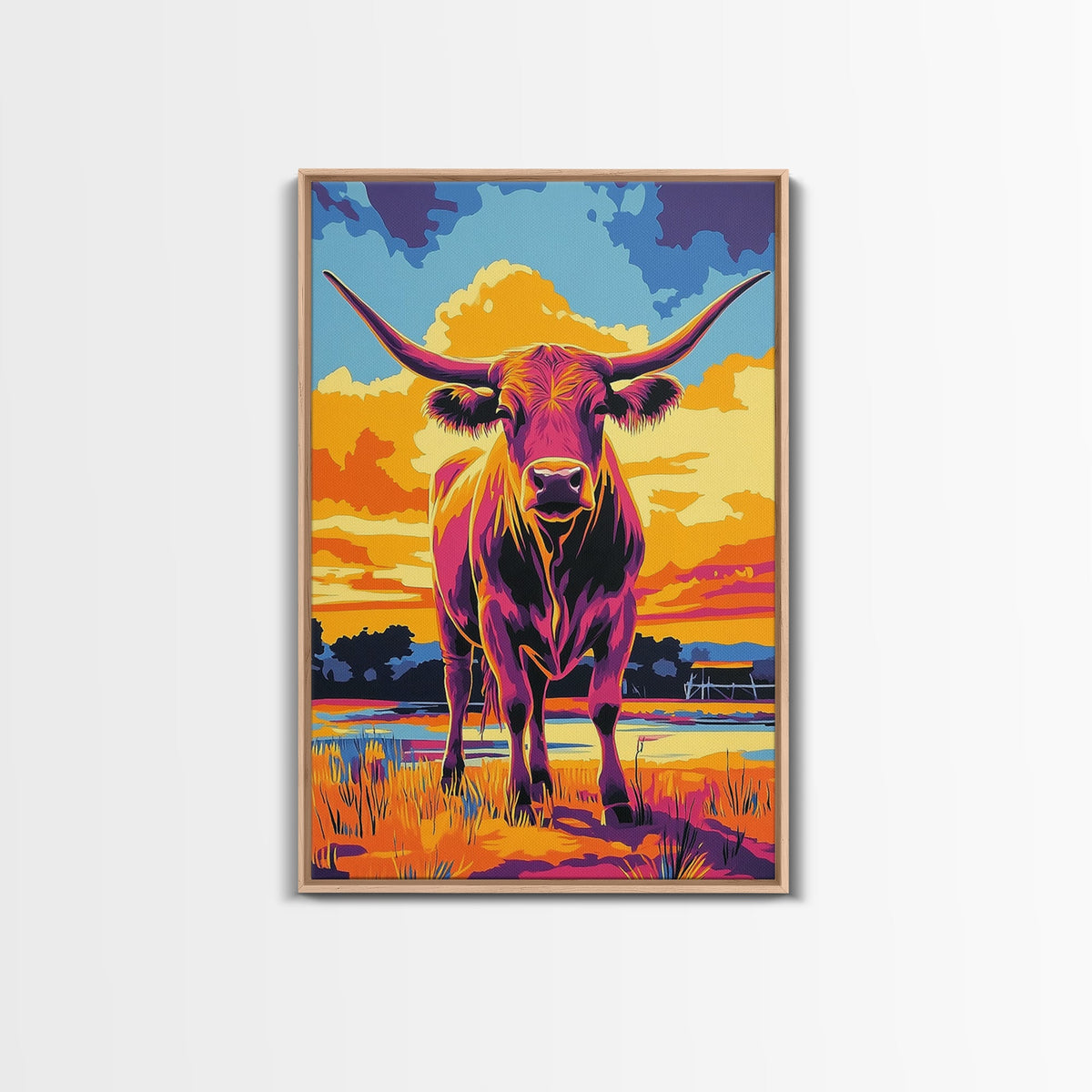 Sunset Longhorn, cowboy art, bull and bear art, southwest wall art, rustic art, pink orange wall art, vintage horse art, Canvas Print