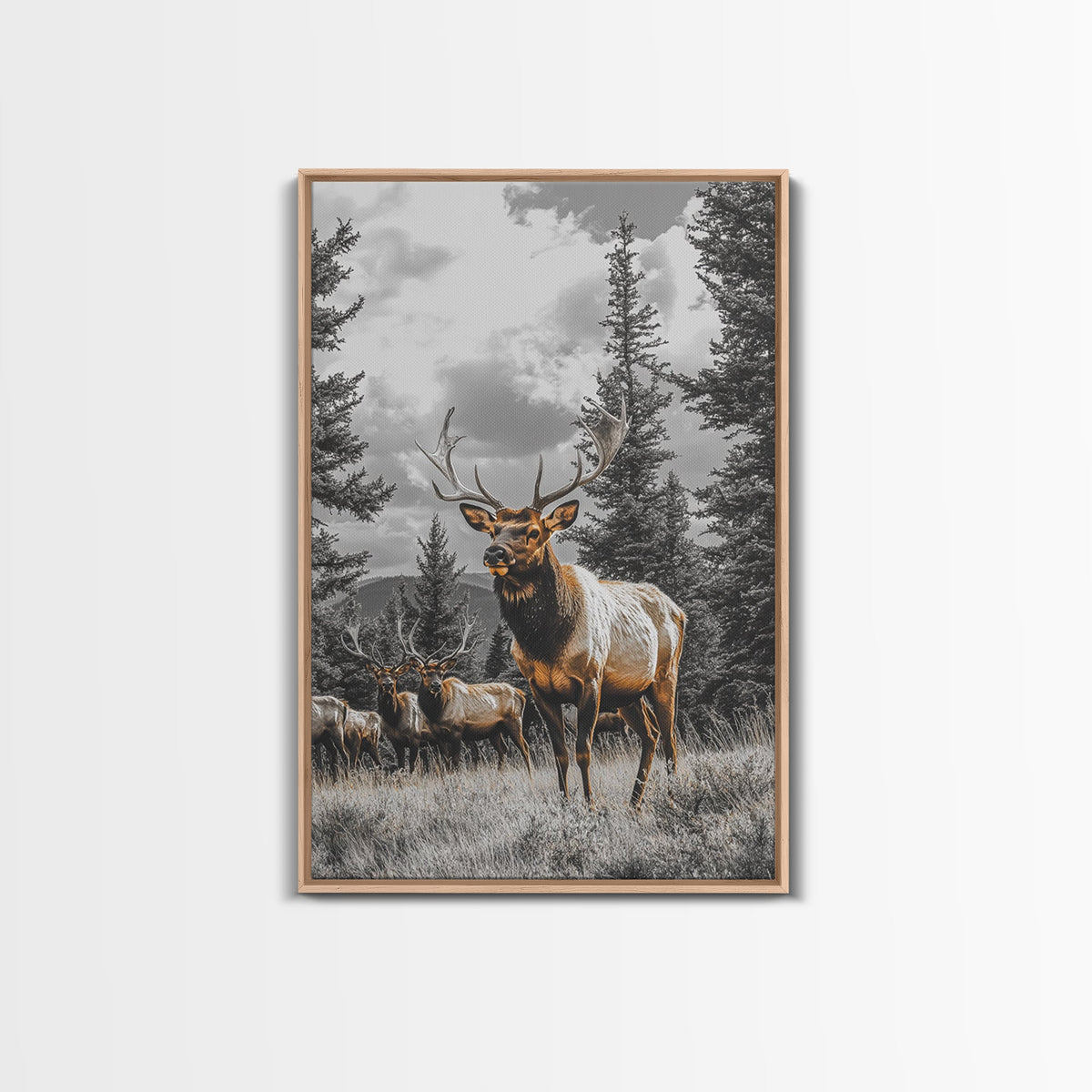 Elk, Forest Wildlife, Rustic Wall Art, Deer Drinking Water in Forest Painting, Cottagecore Wall Art, Nature Art, Canvas Print, Gift Idea