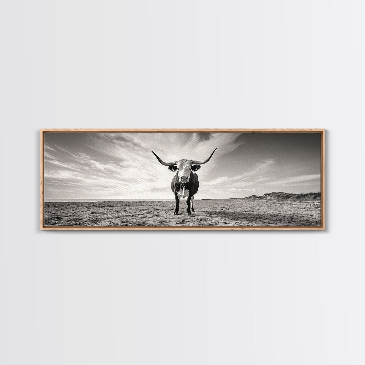 Longhorn, western landscape, bull and bear art, panoramic art, extra wide art, rustic wall art, framed canvas print, farmhouse decor, moody art