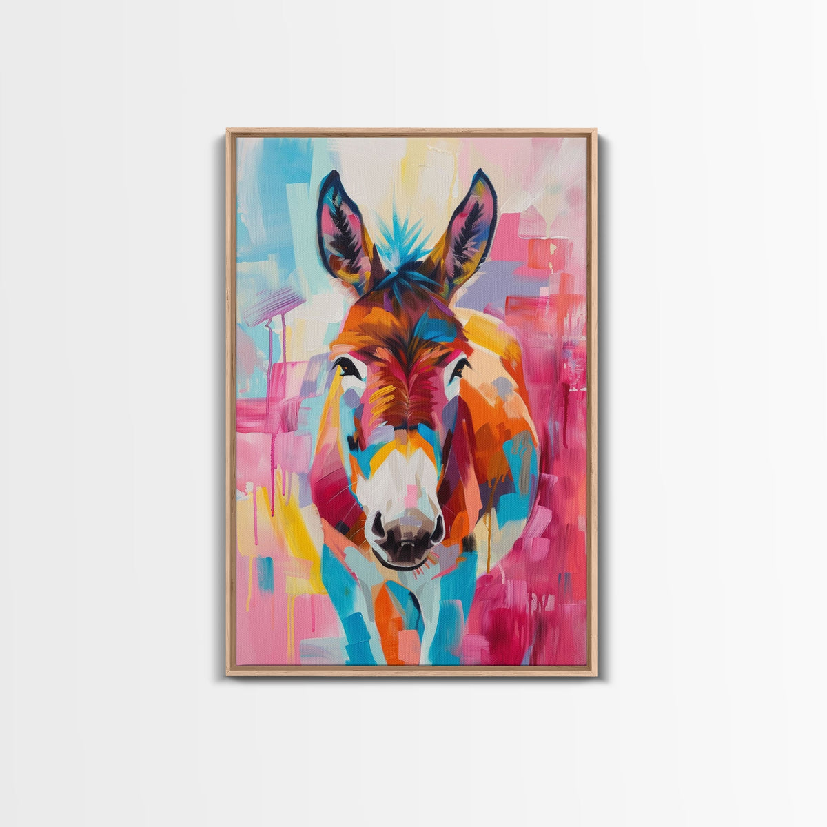 Vibrant Donkey Close-up Art - Framed Canvas Print, Southwestern Decor, Colorful Living Room Wall Art, Modern Animal Portrait