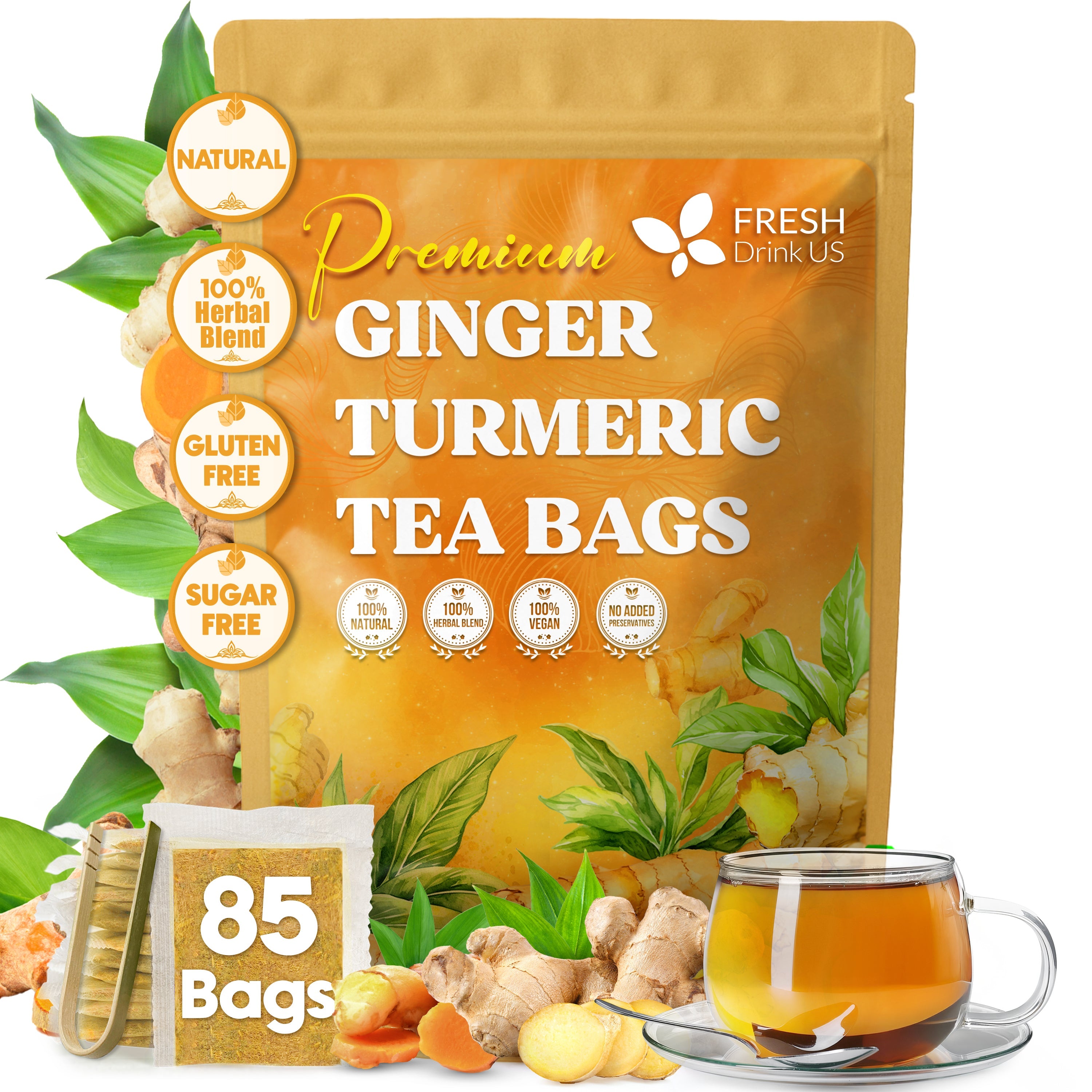 Premium Ginger Turmeric Tea Bags, Hand-made Blend of Ginger and Turmeric Herbal Tea, Eco-conscious Tea Bags. No Sugar, No Caffeine, No Gluten, Vegan. | Tea | Wiccan Center