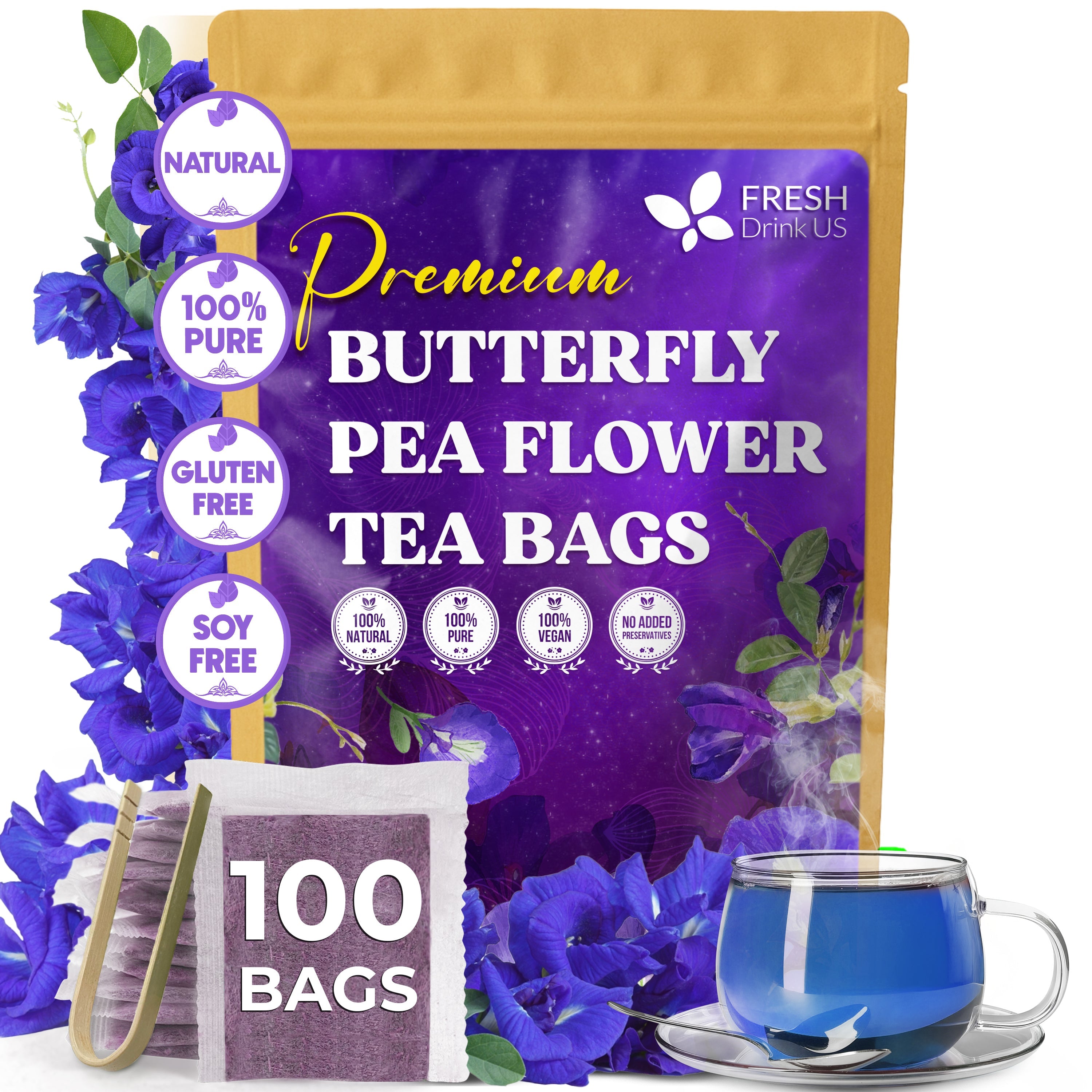 Premium Butterfly Pea Flowers, Tea Bags, 100% Natural and Pure from Butterfly Pea Flowers, Hand-made, Made With Natural Materials-Corn Fiber Tea Bag, Sugar/Caffeine/Gluten Free | Tea | Wiccan Center