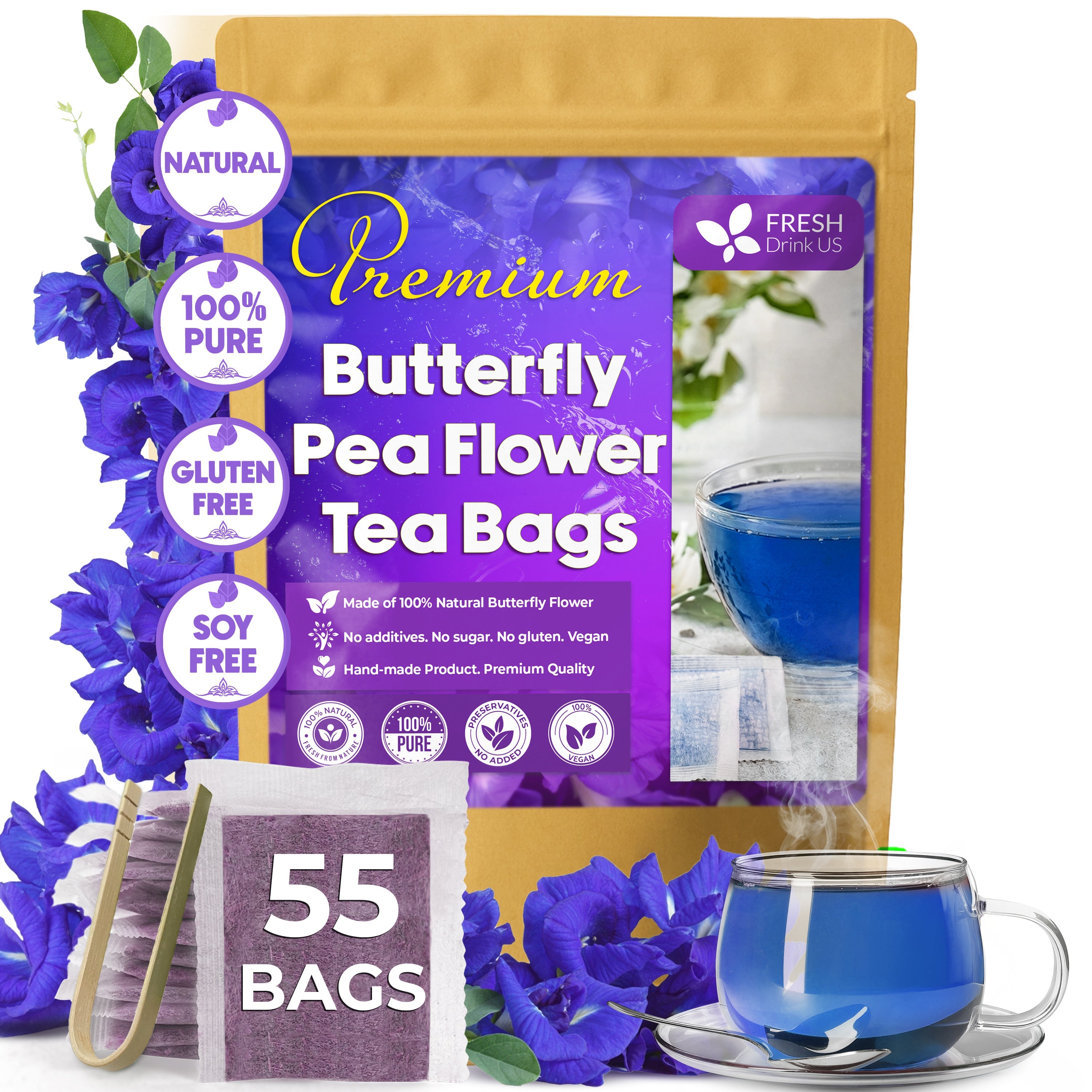 Premium Butterfly Pea Flowers, Tea Bags, 100% Natural and Pure from Butterfly Pea Flowers, Hand-made, Made With Natural Materials-Corn Fiber Tea Bag, Sugar/Caffeine/Gluten Free | Tea | Wiccan Center