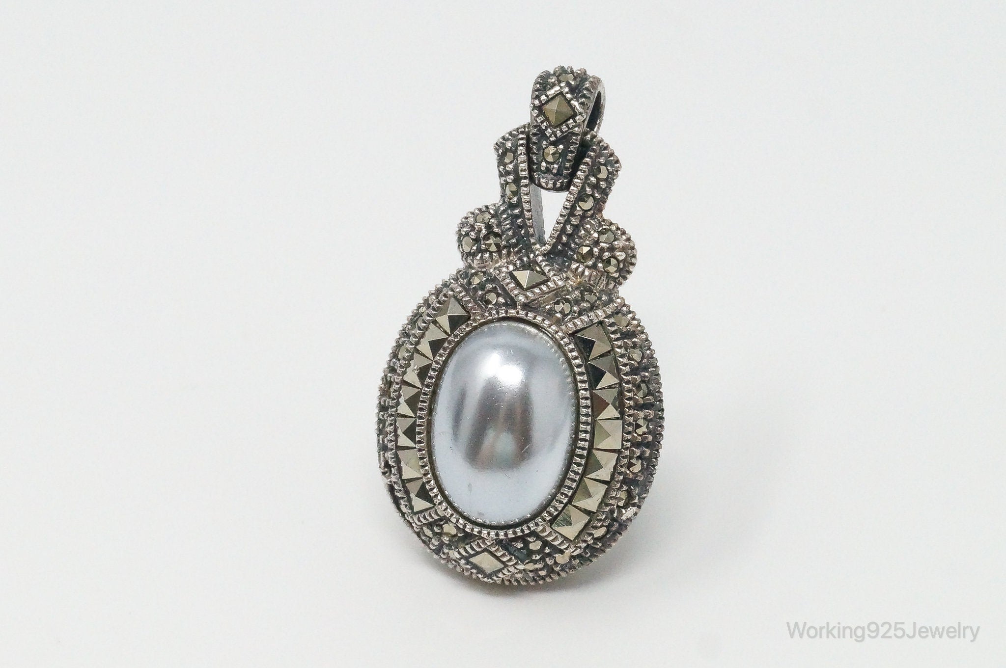 Large Vintage White Blue Pearl Marcasite Reversible Sterling Silver Pendant | Jewelry > Necklaces > Pendants | Wiccan Center