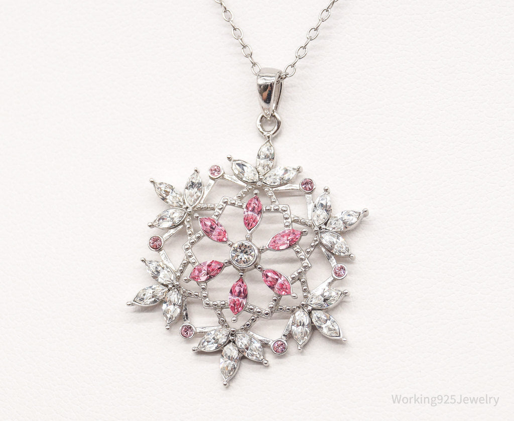 Vintage Designer RL Pink & White Crystal Snowflake Sterling Silver Necklace | Jewelry > Necklaces > Pendants | Wiccan Center