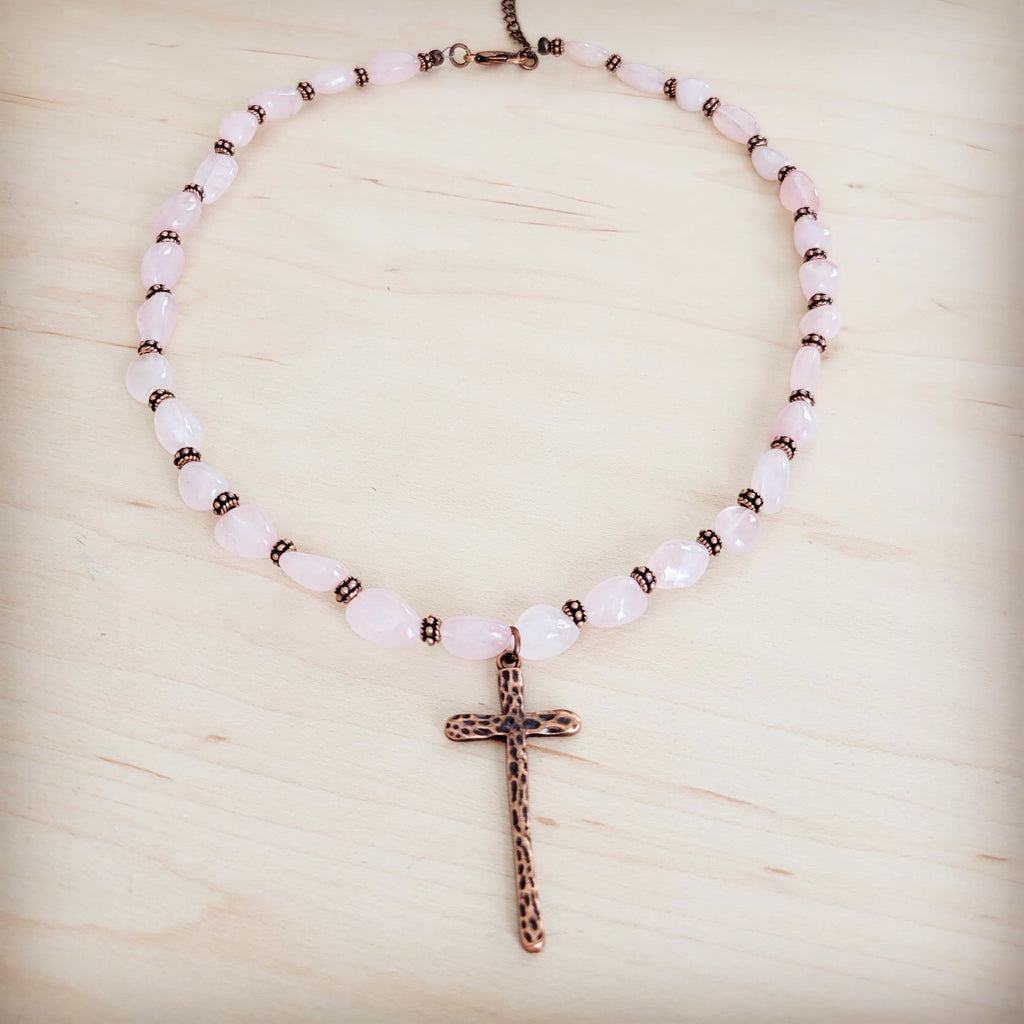 **Rose Quartz Collar Necklace w/ Copper Cross Pendant 263i