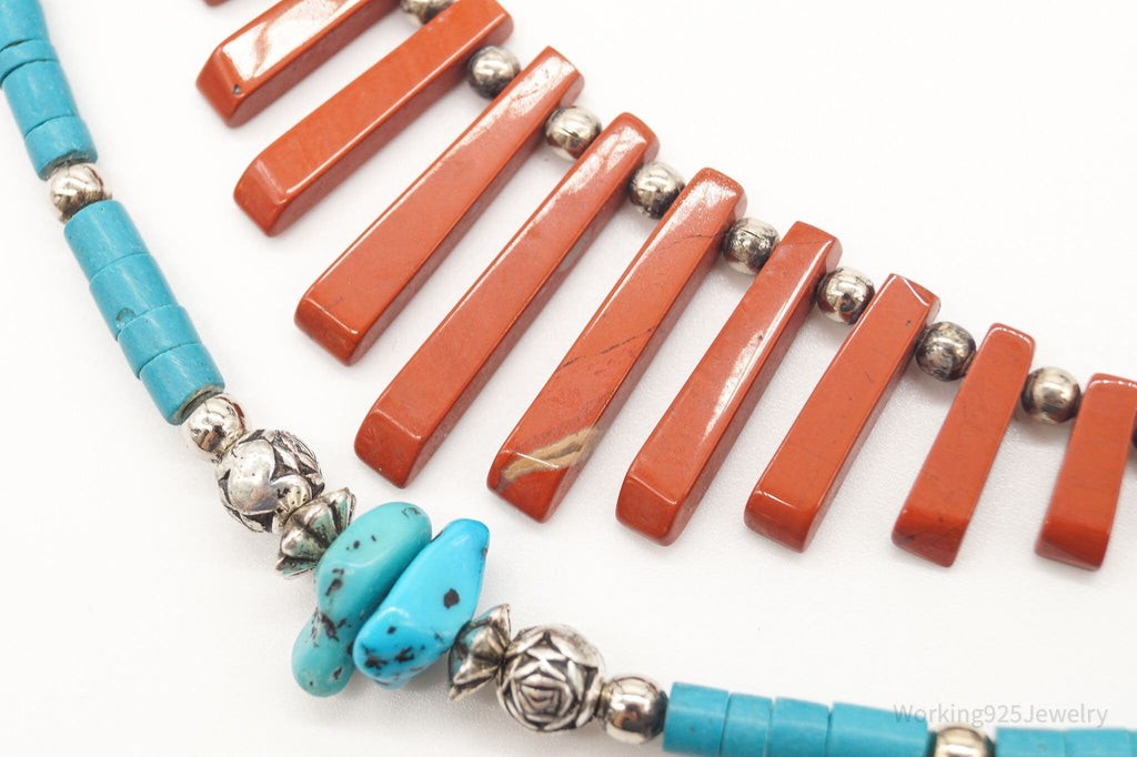 Vintage Native American Red Jasper Blue Turquoise Silver Bead Necklace 24" | Jewelry > Necklaces | Wiccan Center
