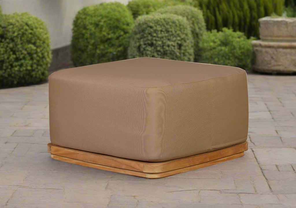 Eclipse Outdoor Solid Teak Wood Ottoman - Light Brown Fabric | | Wiccan Center