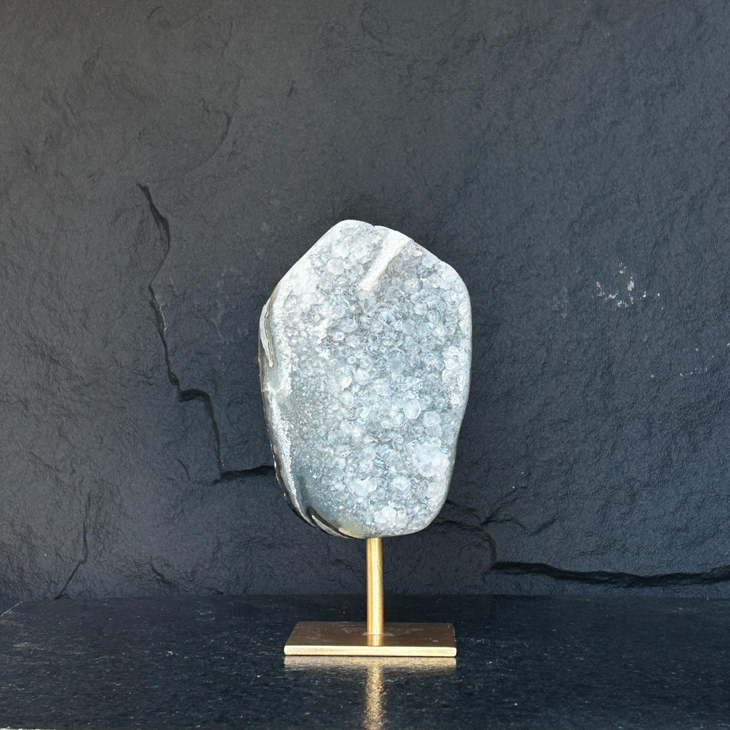 10 Inch White Quartz Geode Cave On Metallic Base | Stalactite Eye Display | Wiccan Center