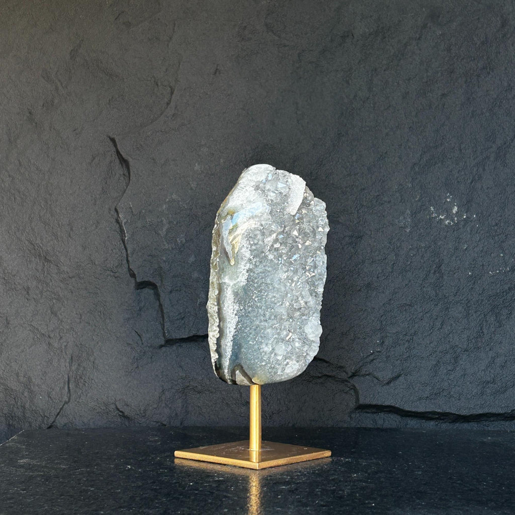 10 Inch White Quartz Geode Cave On Metallic Base | Stalactite Eye Display | Wiccan Center