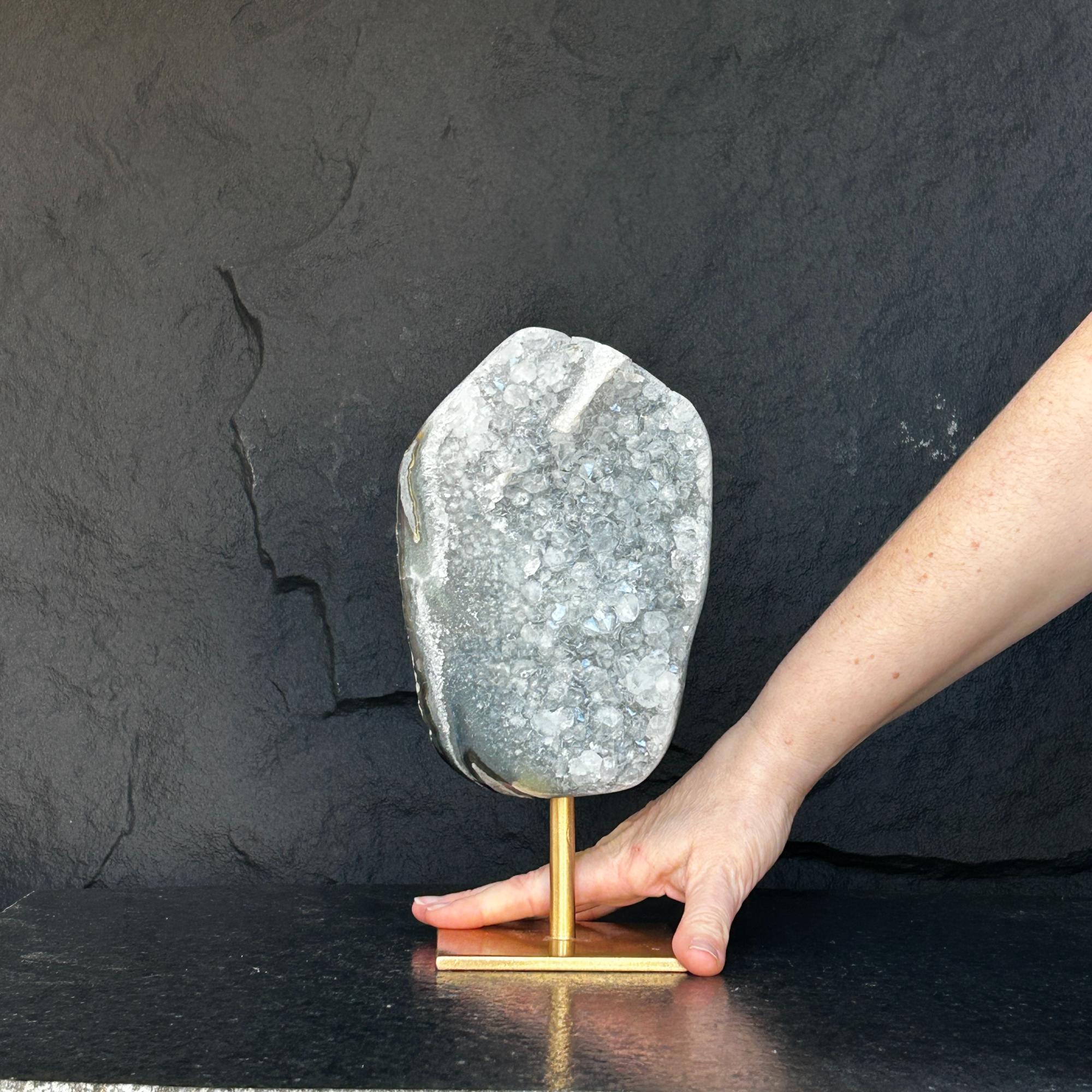 10 Inch White Quartz Geode Cave On Metallic Base | Stalactite Eye Display | Wiccan Center