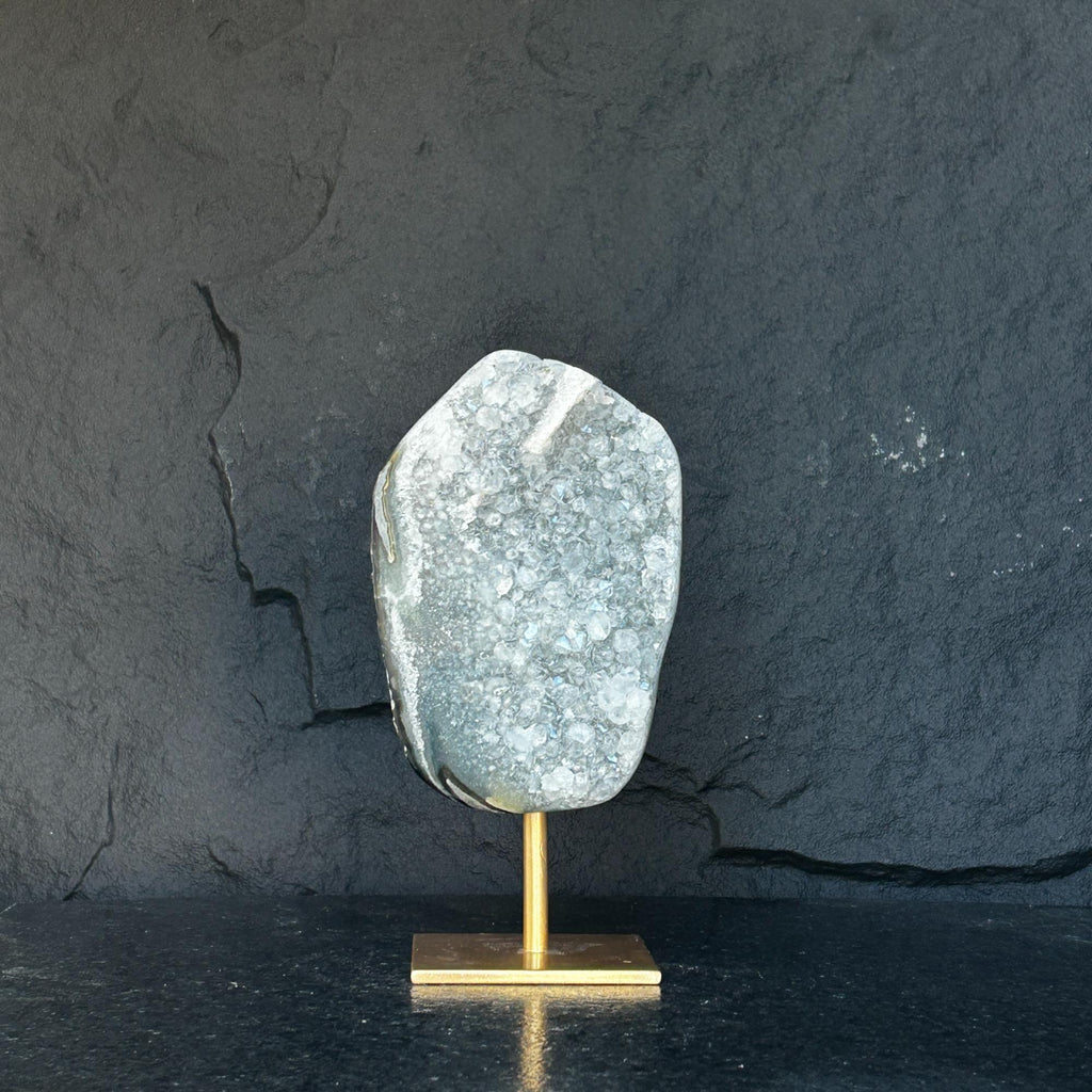 10 Inch White Quartz Geode Cave On Metallic Base | Stalactite Eye Display | Wiccan Center