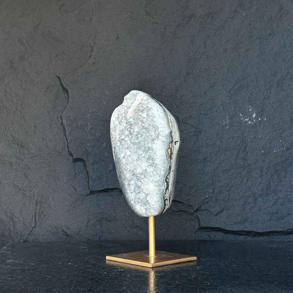 10 Inch White Quartz Geode Cave On Metallic Base | Stalactite Eye Display | Wiccan Center