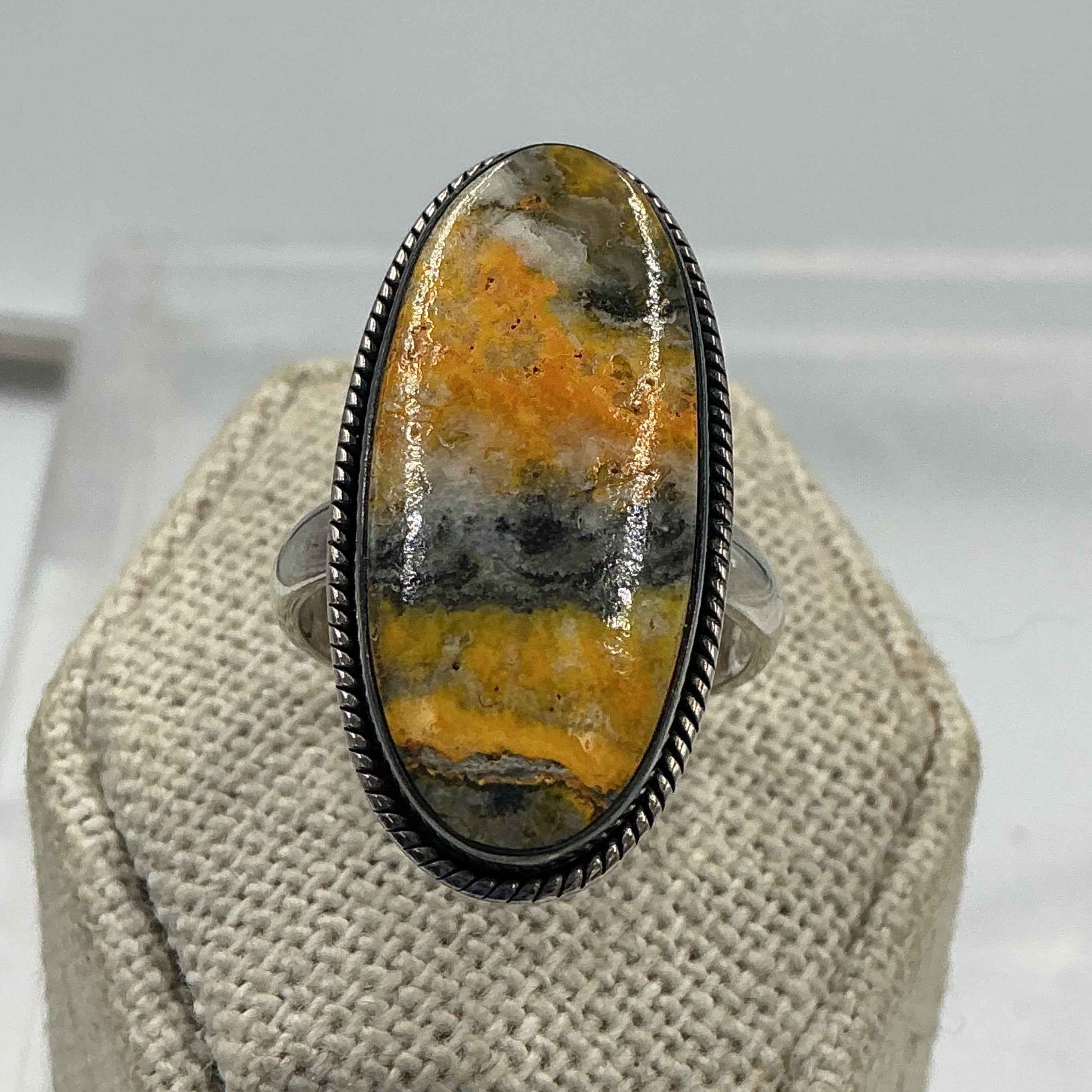 Sterling Silver Bezeled Oval Bumblebee Jasper Ring - Size 7 - Joy, Strength, & Personal Power | Rings | Wiccan Center