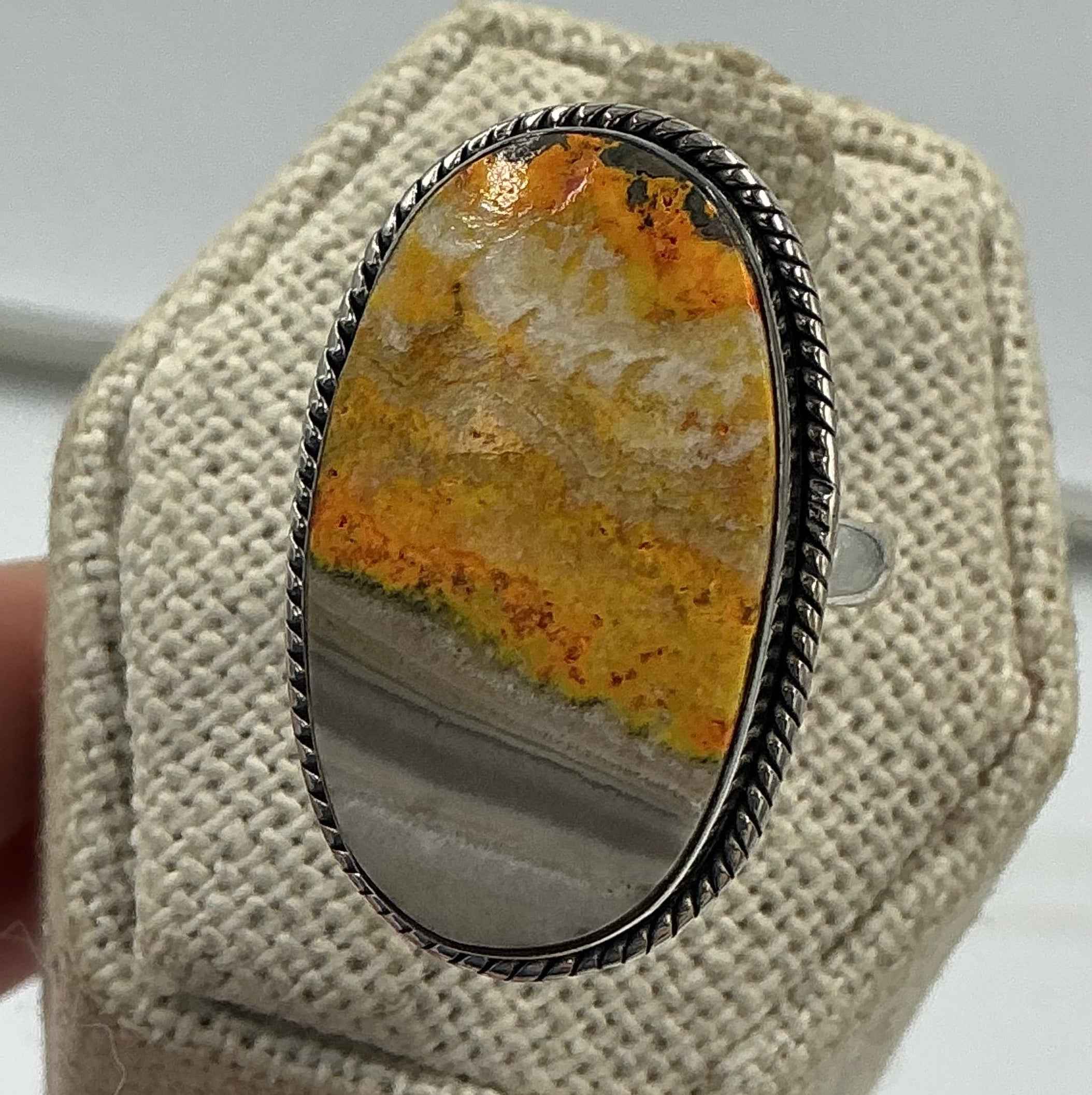 Sterling Silver Bezeled Oval Bumblebee Jasper Ring - Size 8 - Joy, Strength, & Personal Power | Rings | Wiccan Center