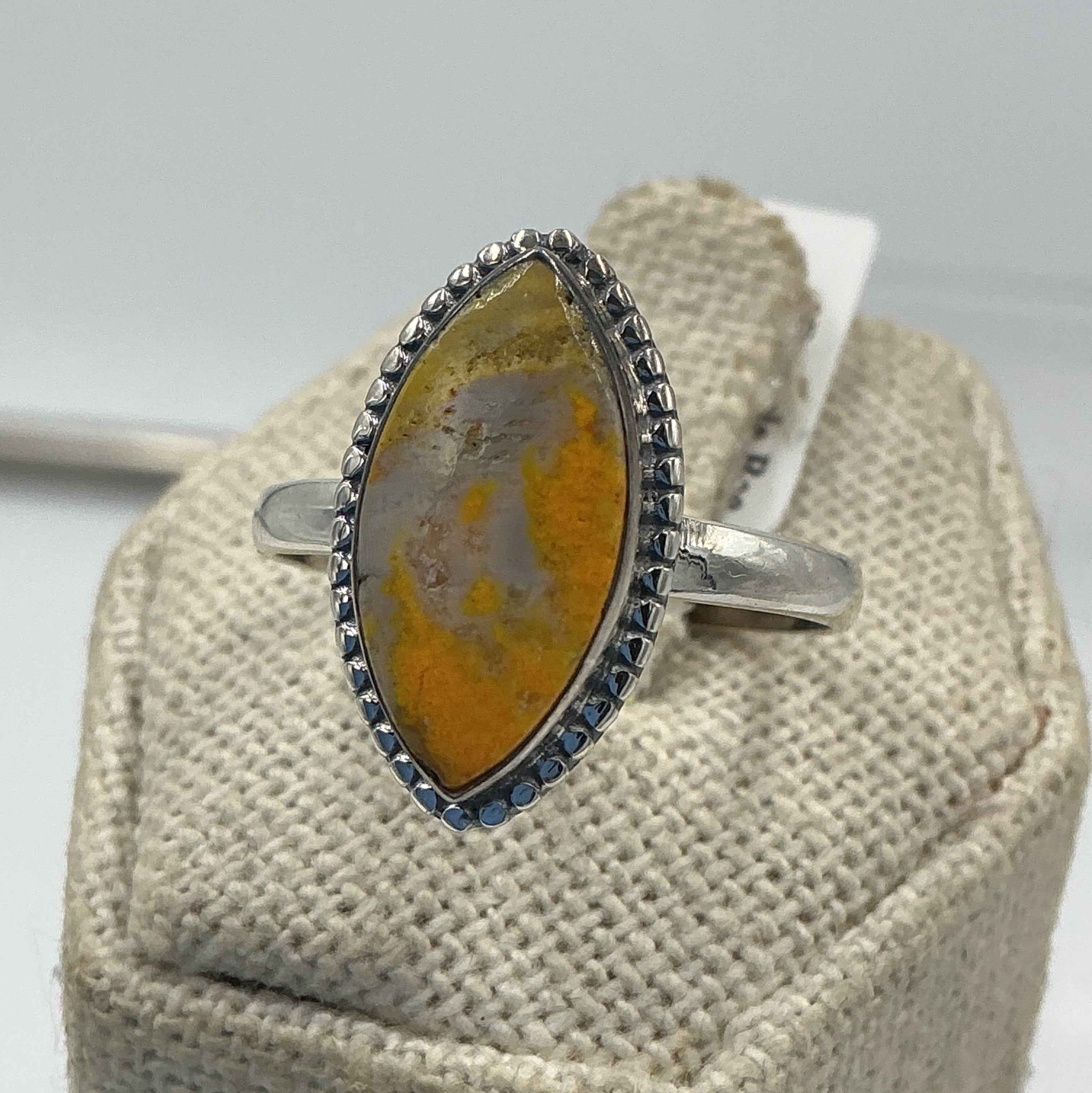 Sterling Silver Bezeled Marquise Bumblebee Jasper Ring - Size 10 - Joy, Strength, & Personal Power | Rings | Wiccan Center