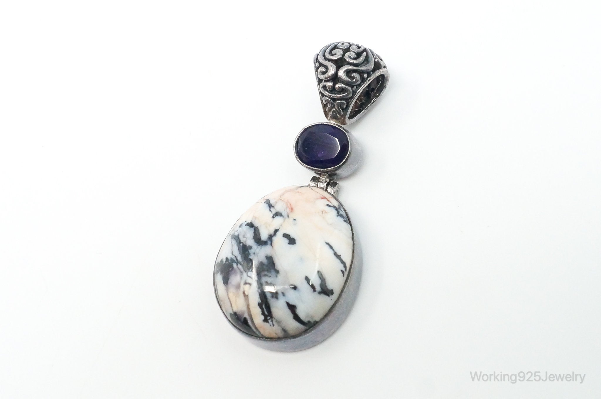 Vintage Large Zebra Jasper Amethyst Sterling Silver Necklace Pendant | Jewelry > Necklaces > Pendants | Wiccan Center