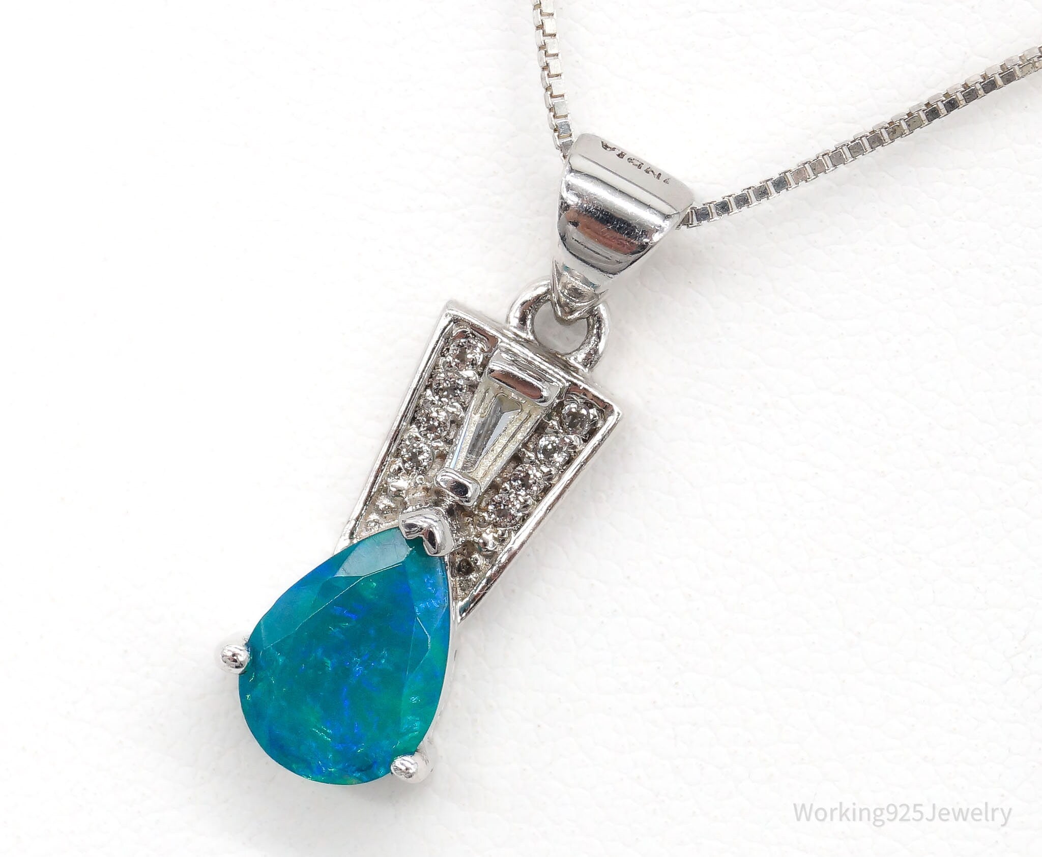 Vintage Designer Blue Opal Cubic Zirconia Sterling Silver Necklace | Jewelry > Necklaces > Pendants | Wiccan Center
