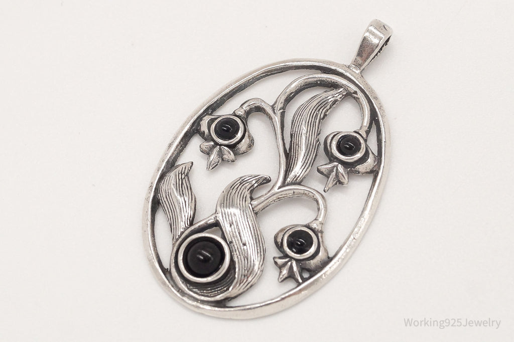 Large Vintage Black Onyx Floral Sterling Silver Pendant | Jewelry > Necklaces > Pendants | Wiccan Center