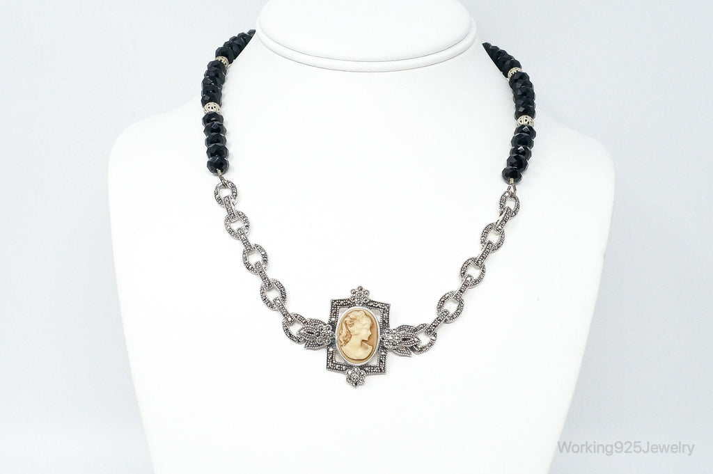 VTG Carved Cameo Shell Black Onyx Marcasite Sterling Silver Necklace | Jewelry > Necklaces > Pendants | Wiccan Center