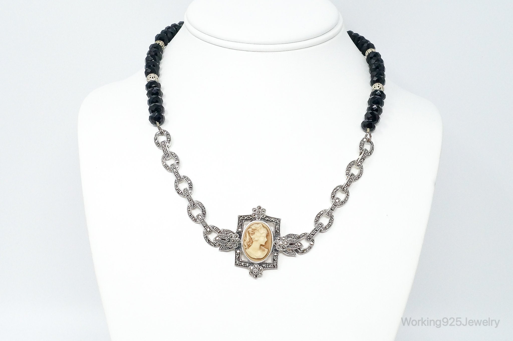VTG Carved Cameo Shell Black Onyx Marcasite Sterling Silver Necklace | Jewelry > Necklaces > Pendants | Wiccan Center