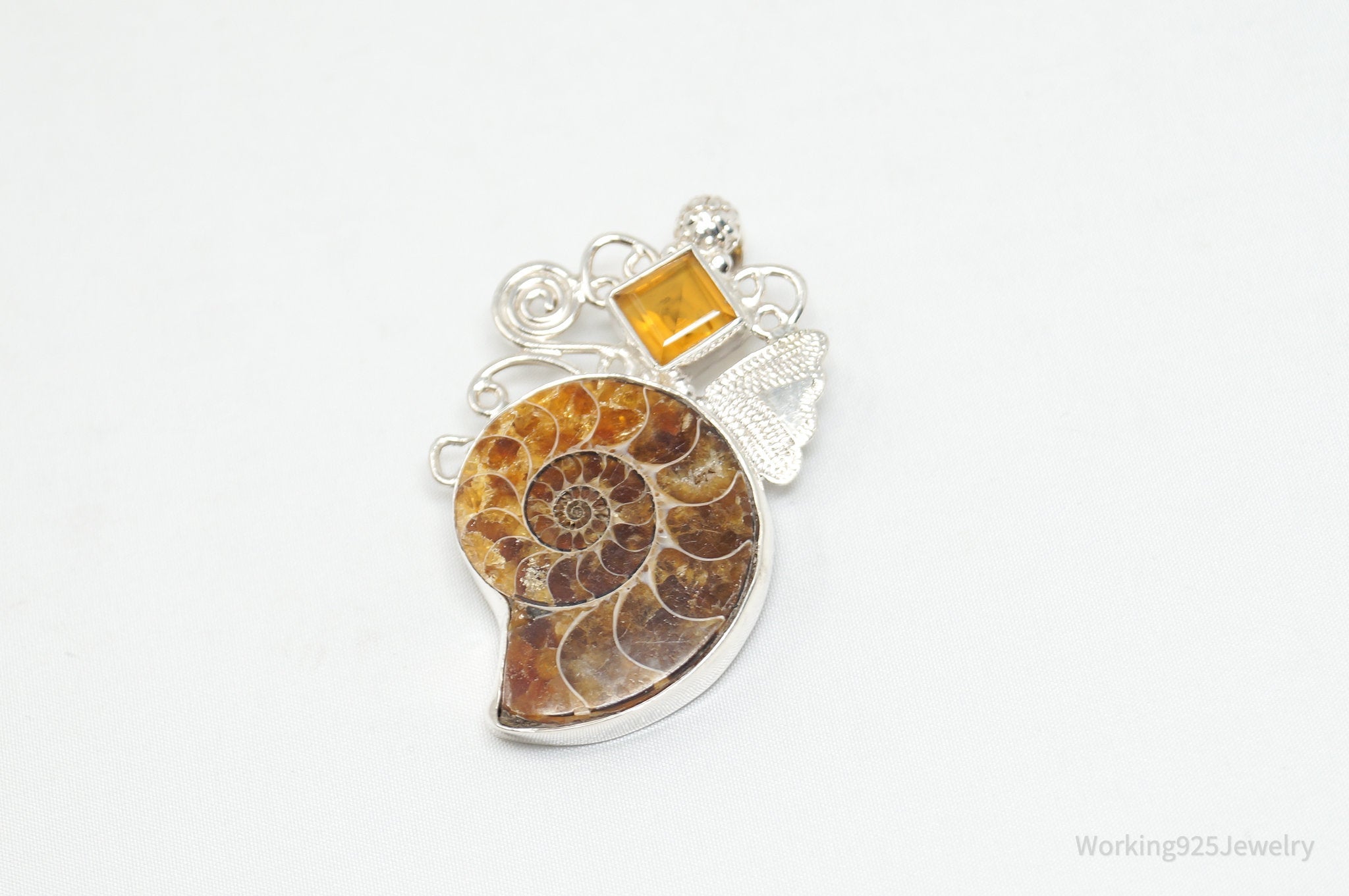 Vintage Large Ammonite Fossil Shell Citrine Sterling Silver Necklace Pendant | Jewelry > Necklaces > Pendants | Wiccan Center