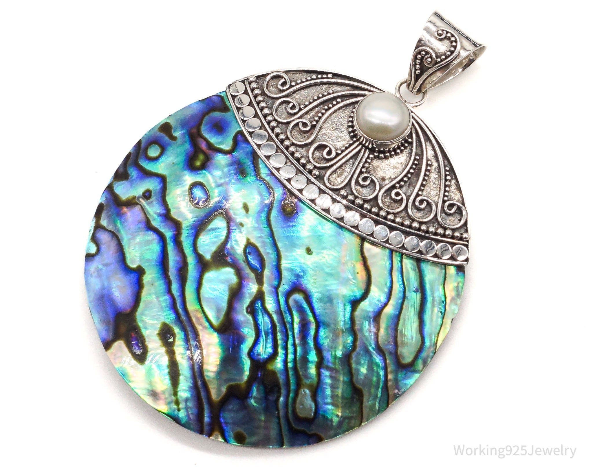 Vintage Designer Merav Large Abalone Shell Pearl Sterling Silver Pendant | Jewelry > Necklaces > Pendants | Wiccan Center