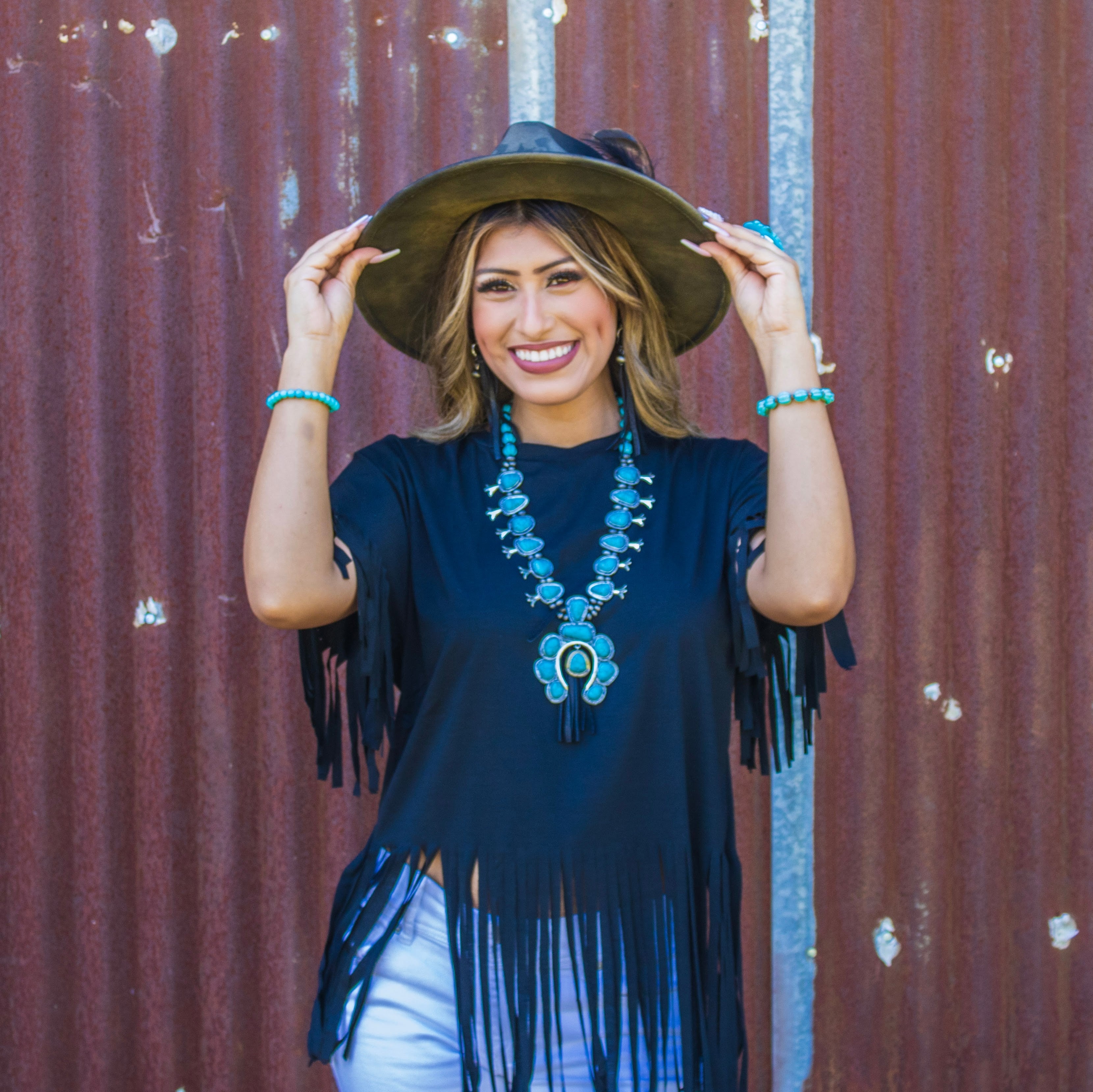 Turquoise Squash Blossom Necklace w/ Short Black Tassel 261y