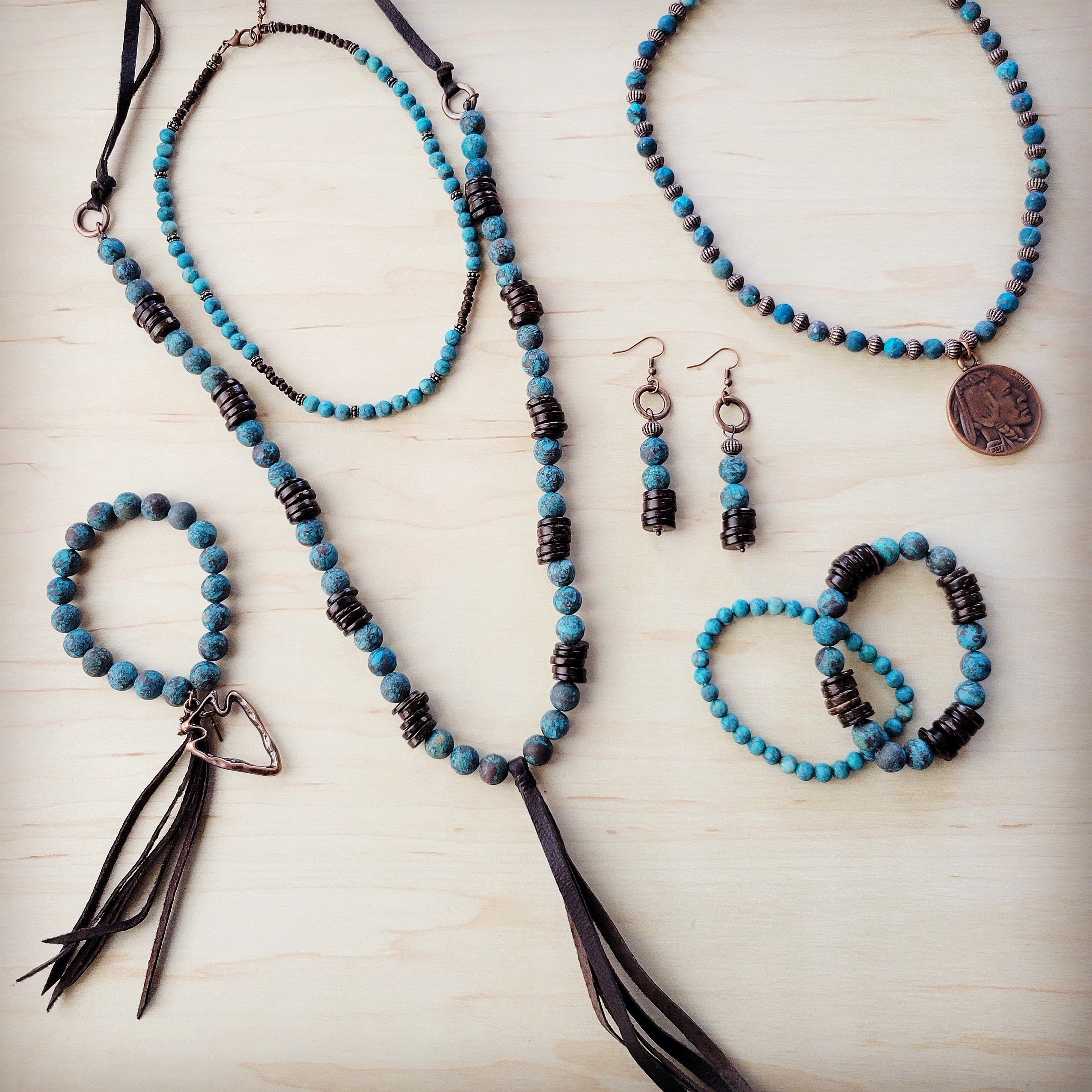 **Natural American Turquoise Beaded Bracelet w/ Tassel and Arrowhead 811e