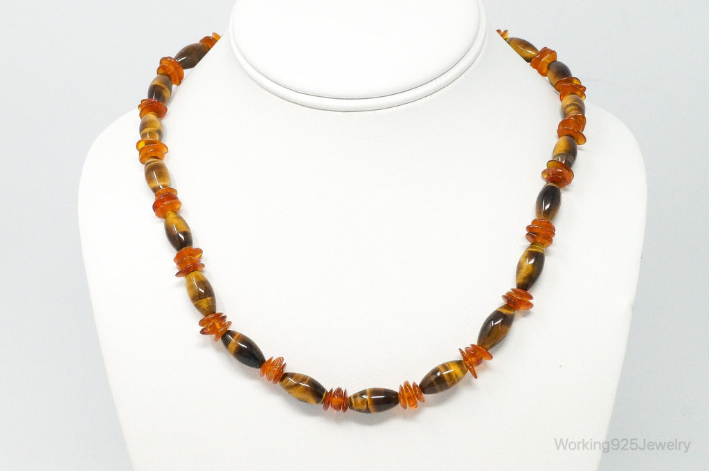 Vintage Designer GSJ Amber Tigers Eye Beads Sterling Silver Necklace | Jewelry > Necklaces > Pendants | Wiccan Center