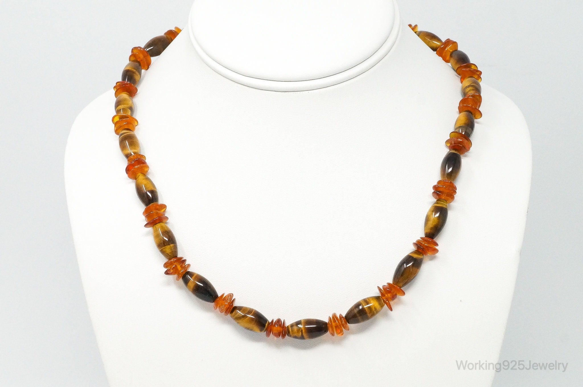 Vintage Designer GSJ Amber Tigers Eye Beads Sterling Silver Necklace | Jewelry > Necklaces > Pendants | Wiccan Center