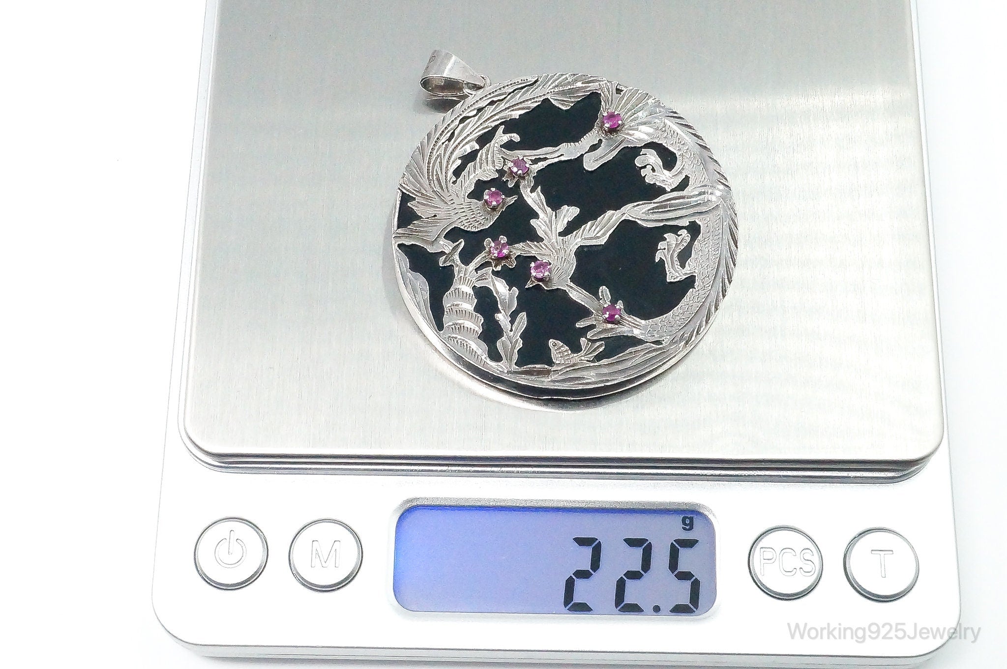 Vintage Large Ruby Black Onyx Etched Birds In Nature Sterling Silver Pendant | Jewelry > Necklaces > Pendants | Wiccan Center