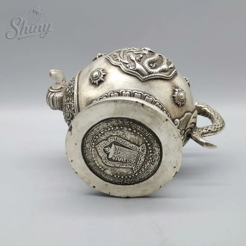 Exquisite Old Chinese Tibet Silver Hand carved Dragon Flagon / Teapot