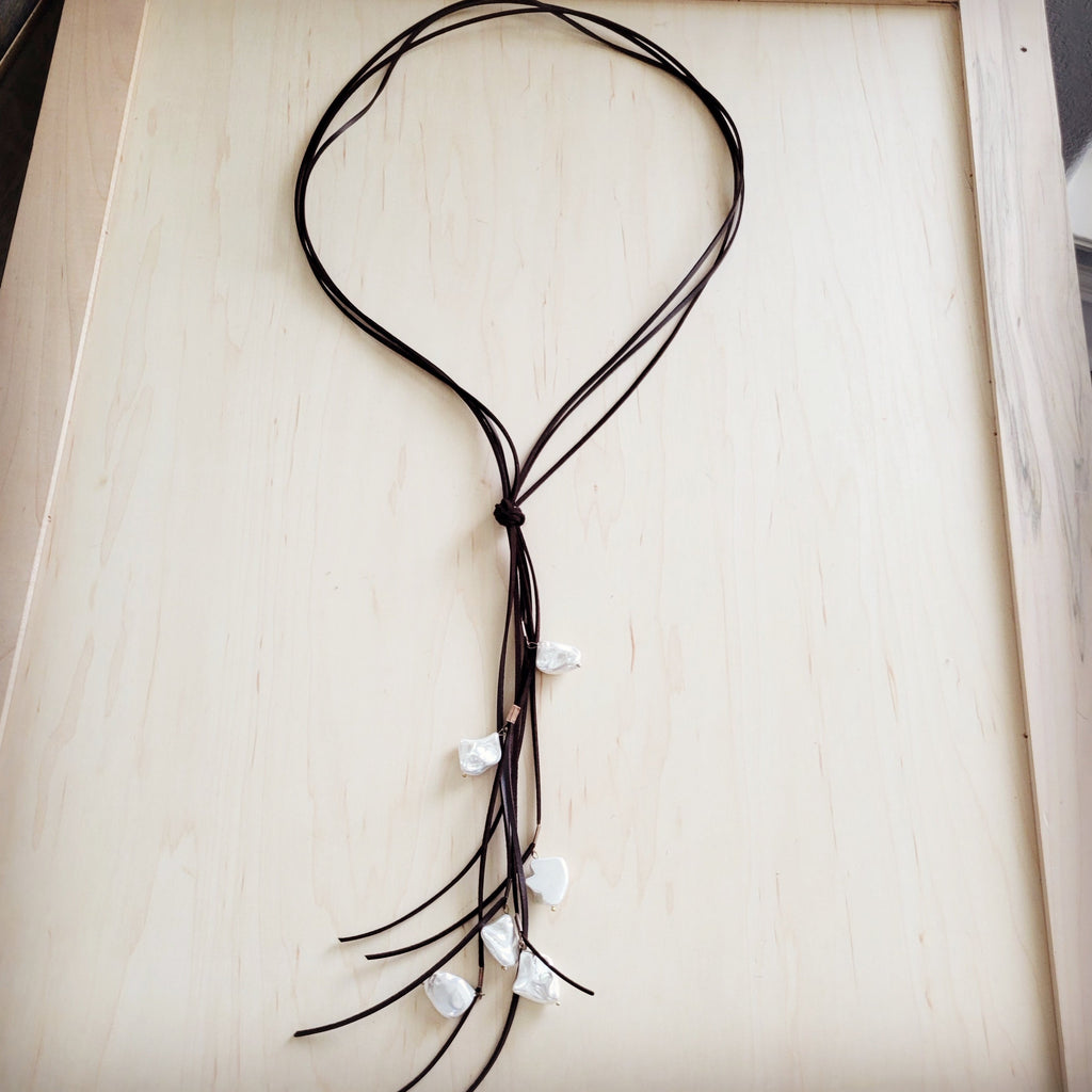 Dark Brown Boho Knotted Leather Cord Necklace w/ Pearls 263w | Necklace | Wiccan Center