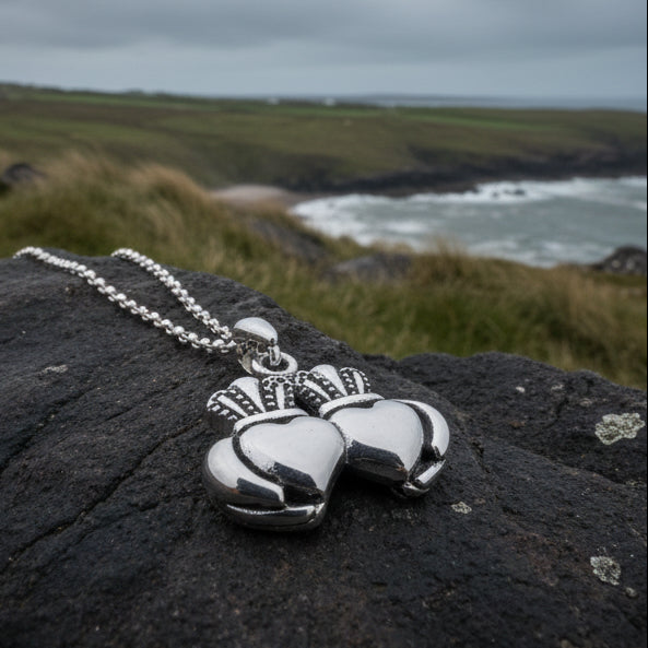 Croi Double Heart Irish Claddagh Necklace in Sterling Silver | Pendant | Wiccan Center