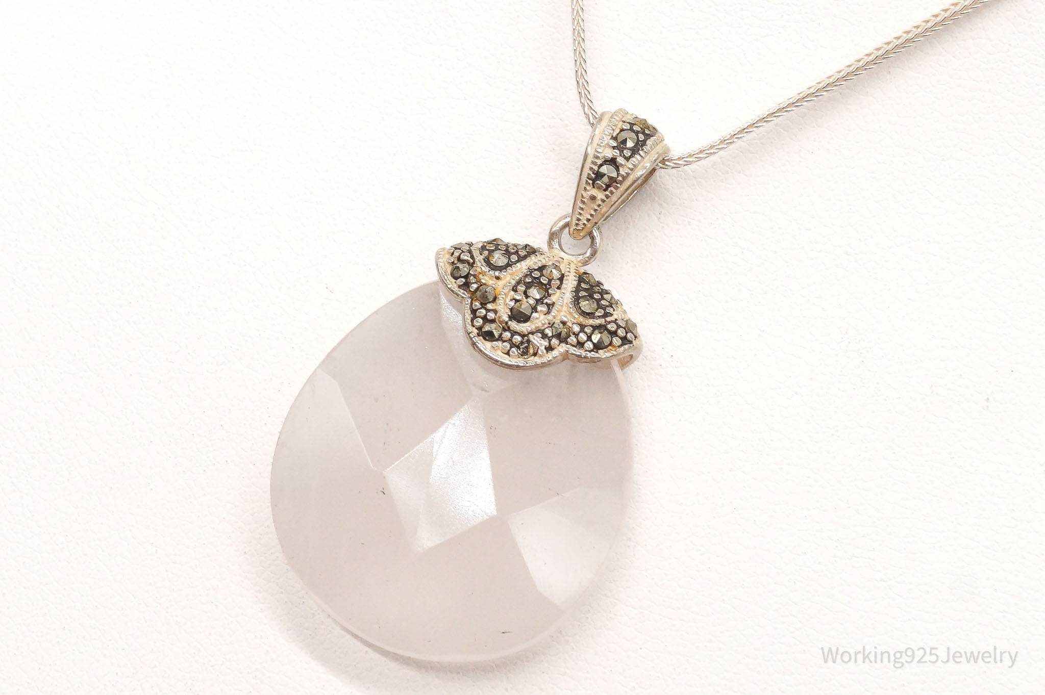 Vintage Large Rose Quartz Marcasite Sterling Silver Necklace | Jewelry > Necklaces > Pendants | Wiccan Center