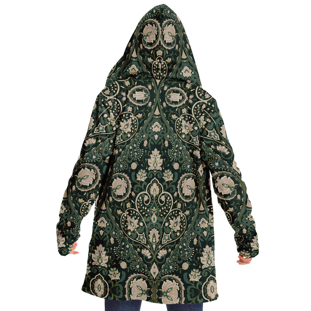 Green Persian Carpet Cuddle Cloak | Unisex Minky Sherpa Lined Coat with Hood, Zipper and Pockets | Women and Mens Festival Coat | Mountain Fashion | Microfleece Cloak - AOP | Wiccan Center