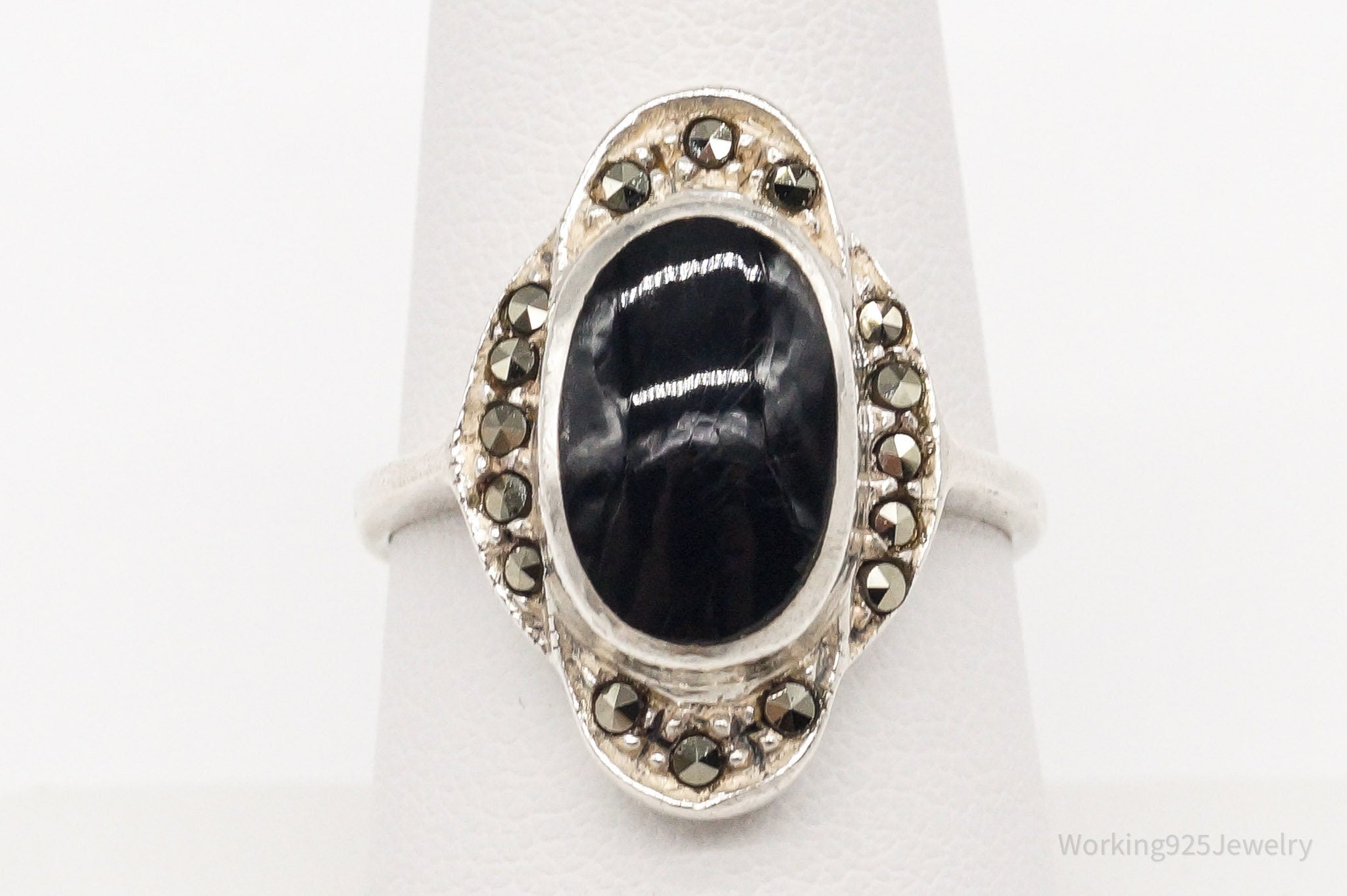 Vintage Black Onyx Marcasite Sterling Silver Ring - Size 8 | Jewelry > Rings | Wiccan Center