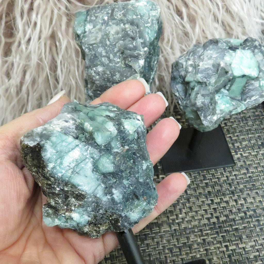 Raw Emerald Cluster on Metal Stand