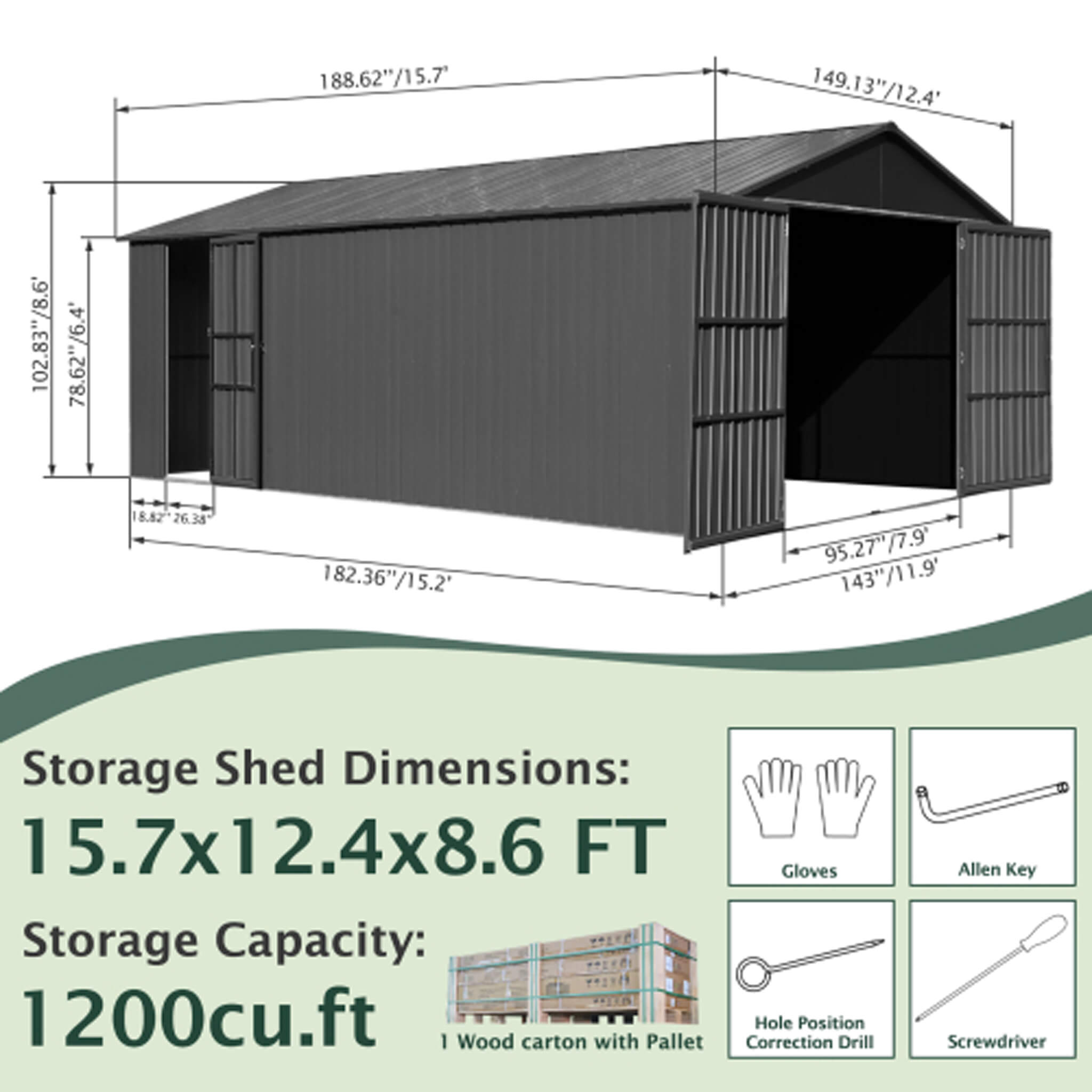 Extra-Large Outdoor Heavy-Duty Metal Garage Shed With Lockable Doors [No Floor] (SAK14093) | | Wiccan Center