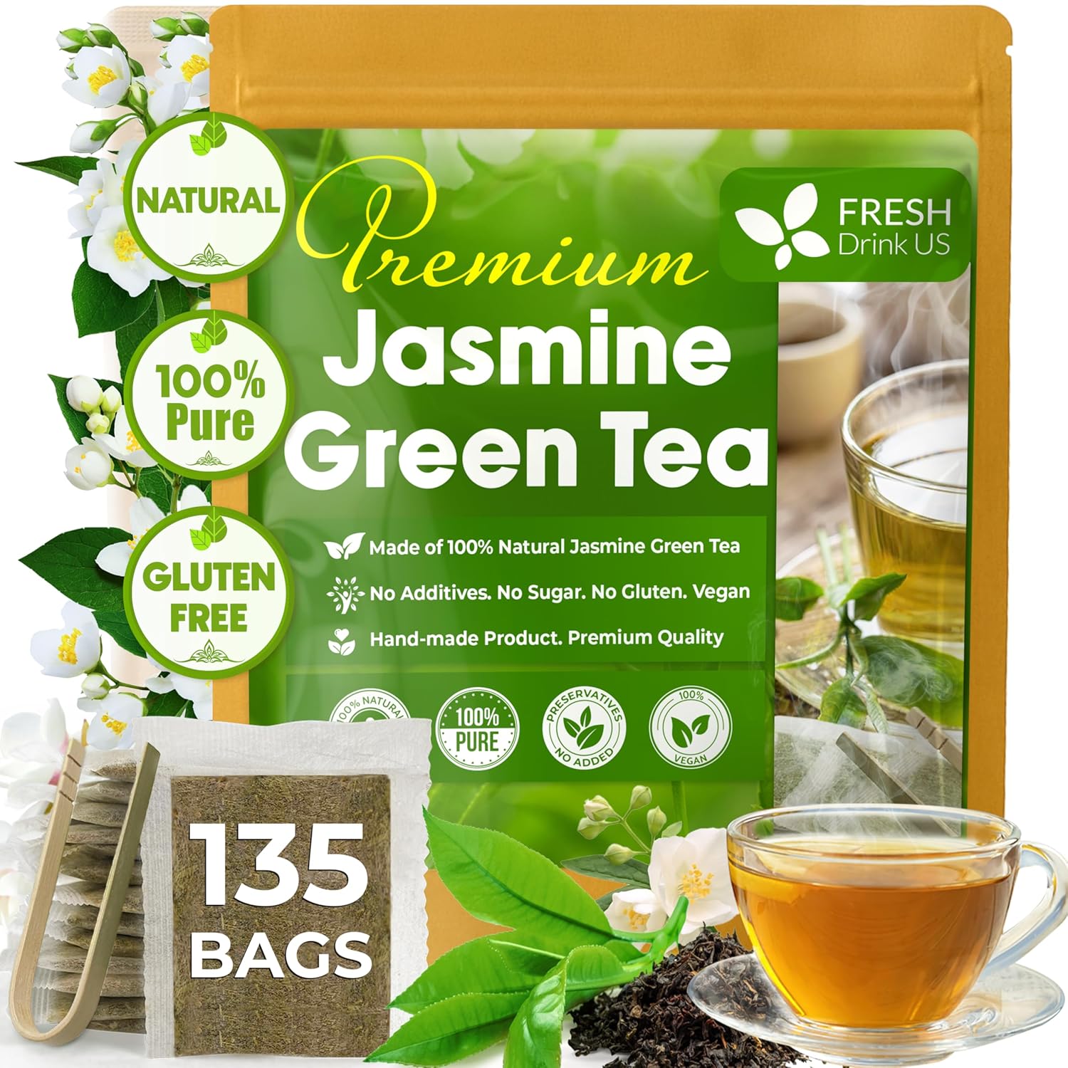 Premium Jasmine Green Tea Bags. Jasmine Green Herbal Tea. Made with Natural Material Tea Bags. No Sugar, No Gluten, Vegan. | Tea | Wiccan Center