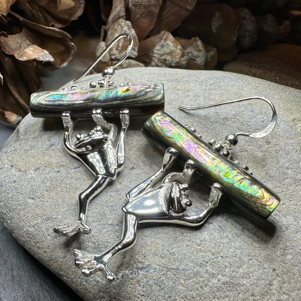 Hang Tight Abalone Frog Earrings in Sterling Silver | Dangle Earrings | Wiccan Center