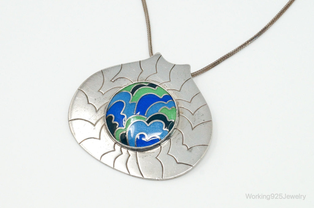 RARE Vintage 1970s Modernist Caren Sterling Silver Enamel Necklace | Jewelry > Necklaces > Pendants | Wiccan Center