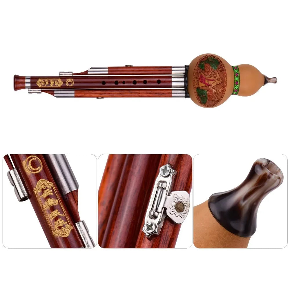 3-Tone C Key Hulusi Gourd Flute Solid Wood Tube Chinese Traditional Musical Instrument with Chinese Knot & Carrying Case
